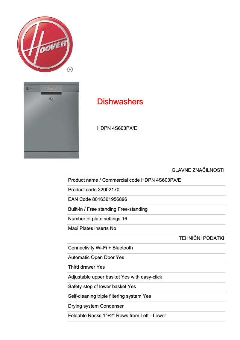 Page 1 of the manual Technical Sheet Hoover HDPN 4S603PX/E