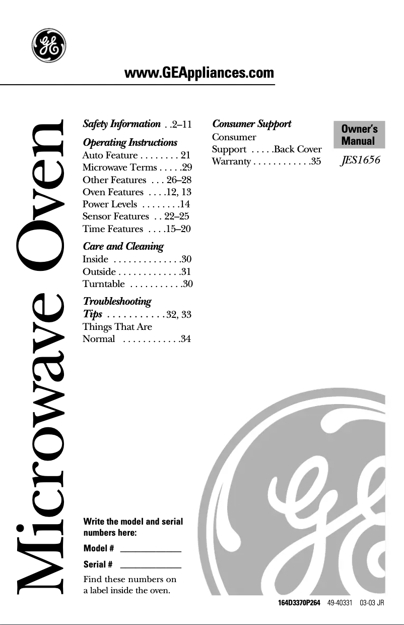 Page 1 of the manual User Manual GE JES1656WH