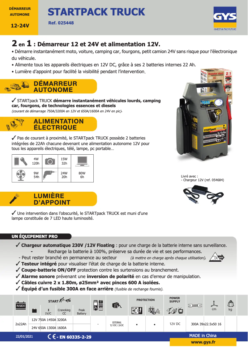Page 1 de la notice Fiche technique GYS Startpack Truck