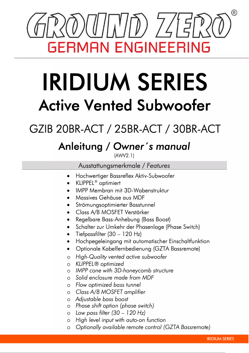 Page 1 de la notice Manuel utilisateur Ground Zero GZIB 30BR-ACT