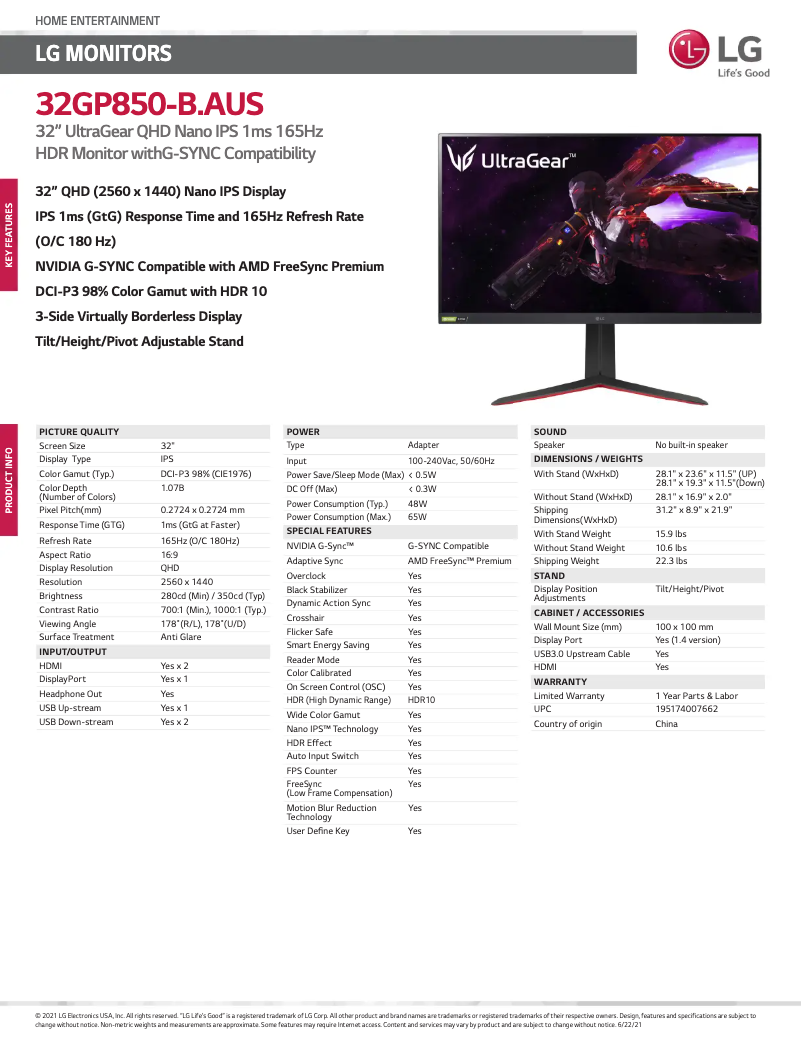 Page 1 de la notice Fiche technique LG UltraGear 32GP850