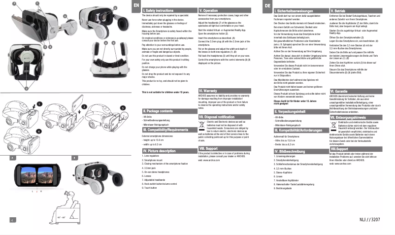 Page 1 de la notice Manuel utilisateur Archos VR Glasses