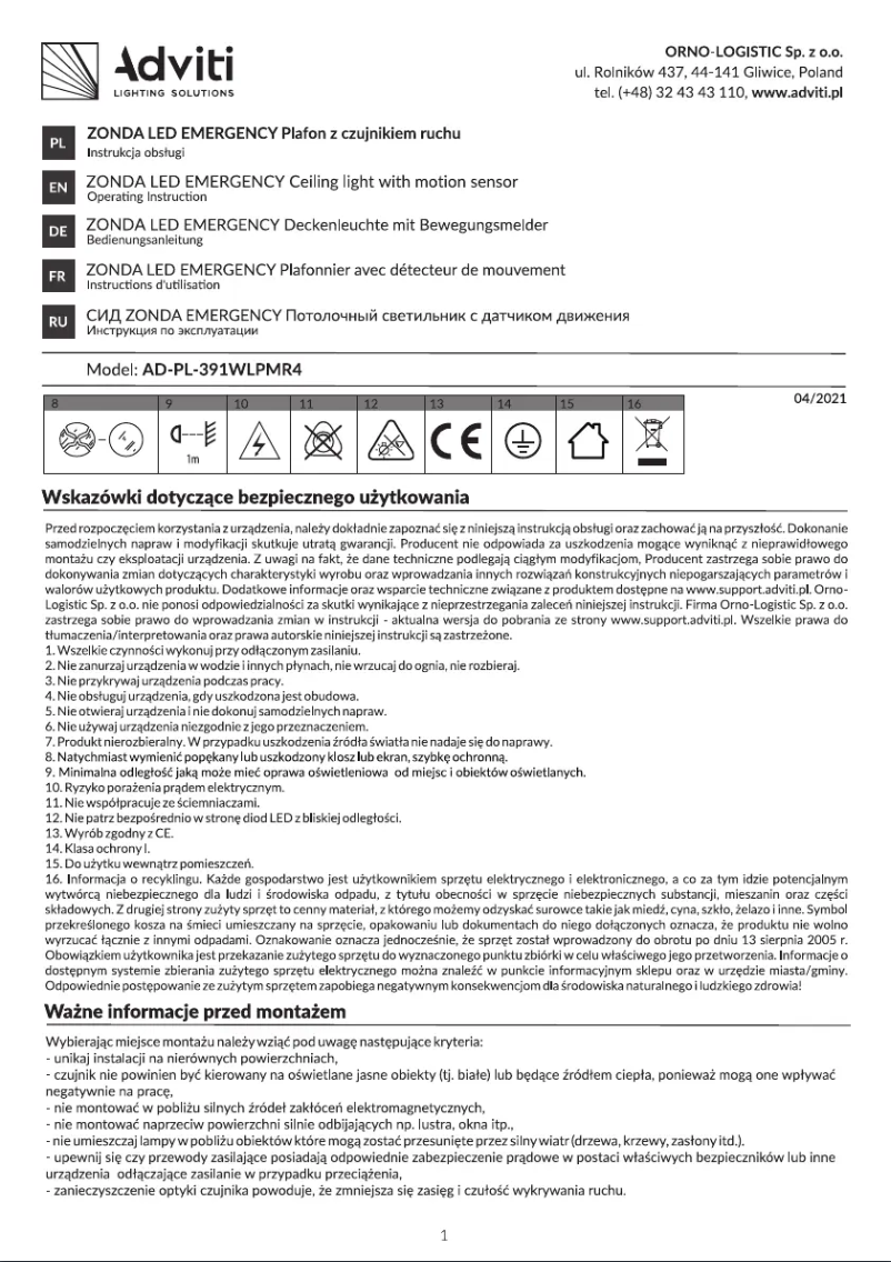 Page 1 de la notice Manuel utilisateur Adviti AD-PL-391WLPMR4