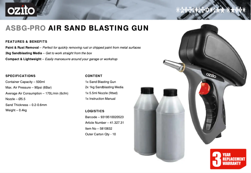 Page 1 de la notice Fiche technique Ozito ASBG-PRO