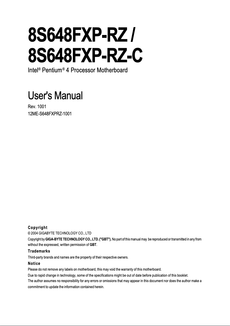 Page 1 de la notice Manuel utilisateur Gigabyte 8S648FXP-RZC