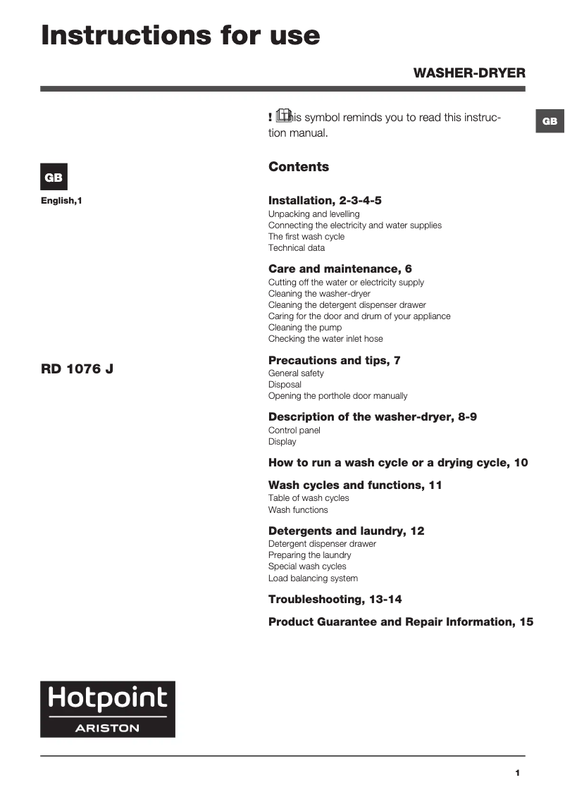 Page 1 de la notice Manuel utilisateur Hotpoint Ariston RD 1076 JD UK