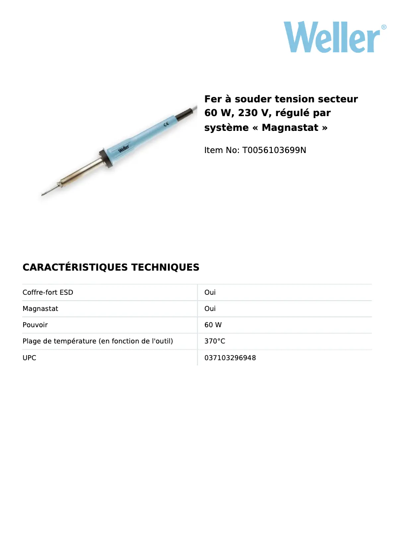 Page 1 de la notice Fiche technique Weller W 61