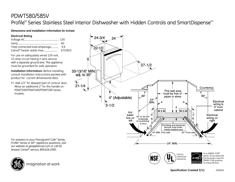 Page n°1 - Fiche technique GE Profile PDWT500VWW