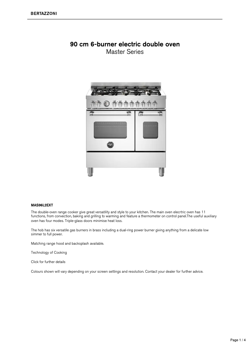 Page 1 de la notice Fiche technique Bertazzoni MAS96L2EXT