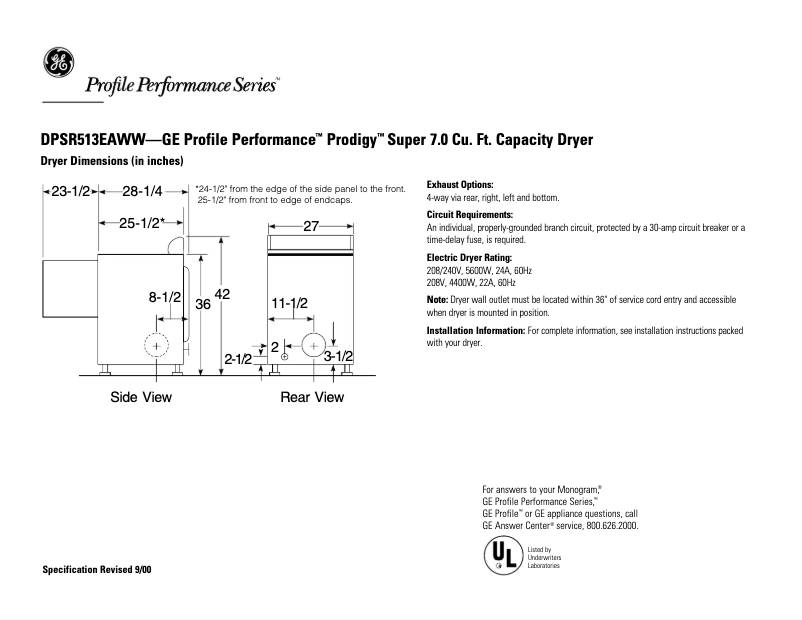 Página 1 del manual Ficha técnica GE Profile Prodigy DPSR513EAWW