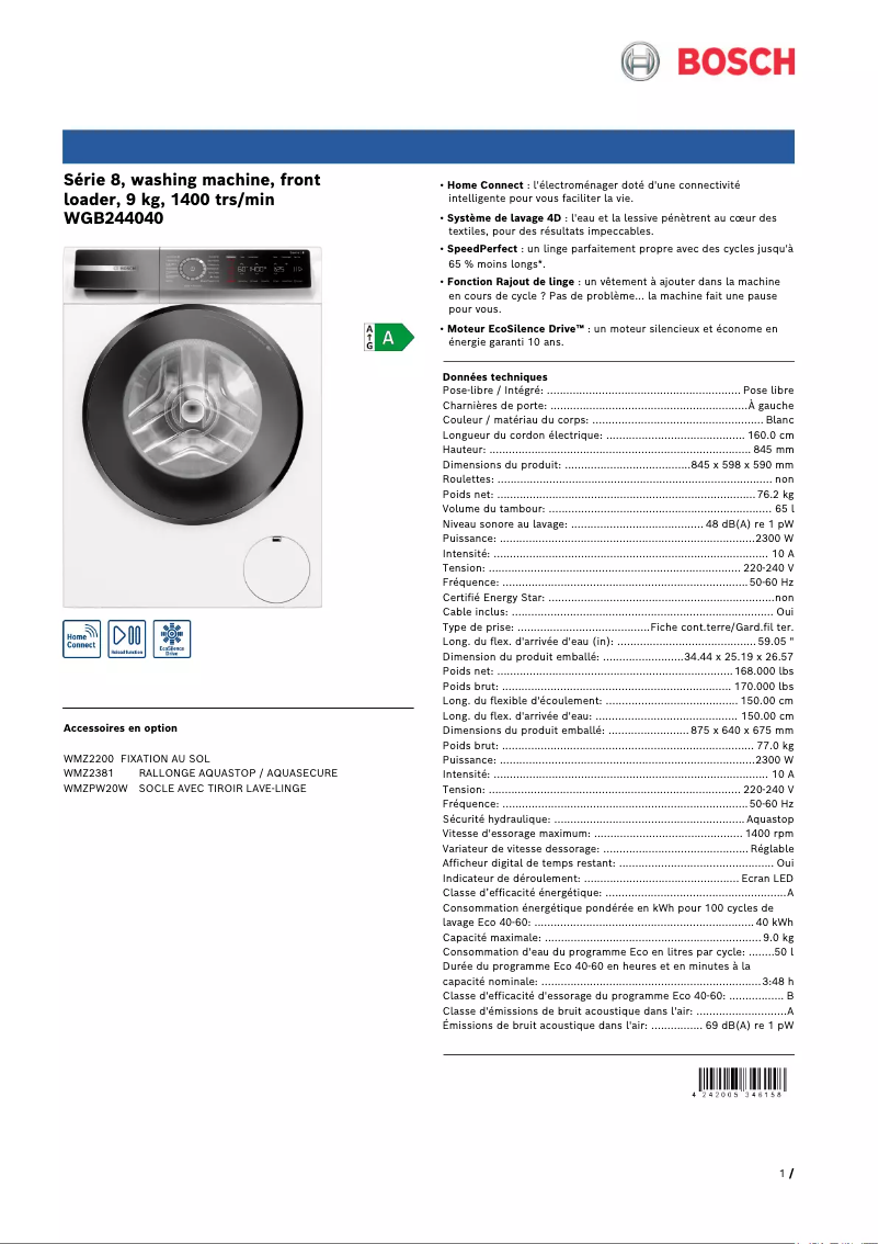 Page 1 de la notice Fiche technique Bosch WGB244040