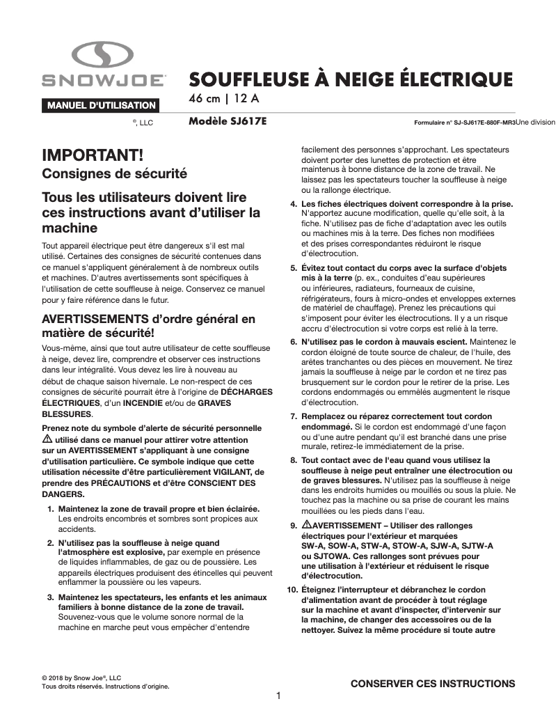 Page 1 de la notice Manuel utilisateur Snow Joe SJ617E