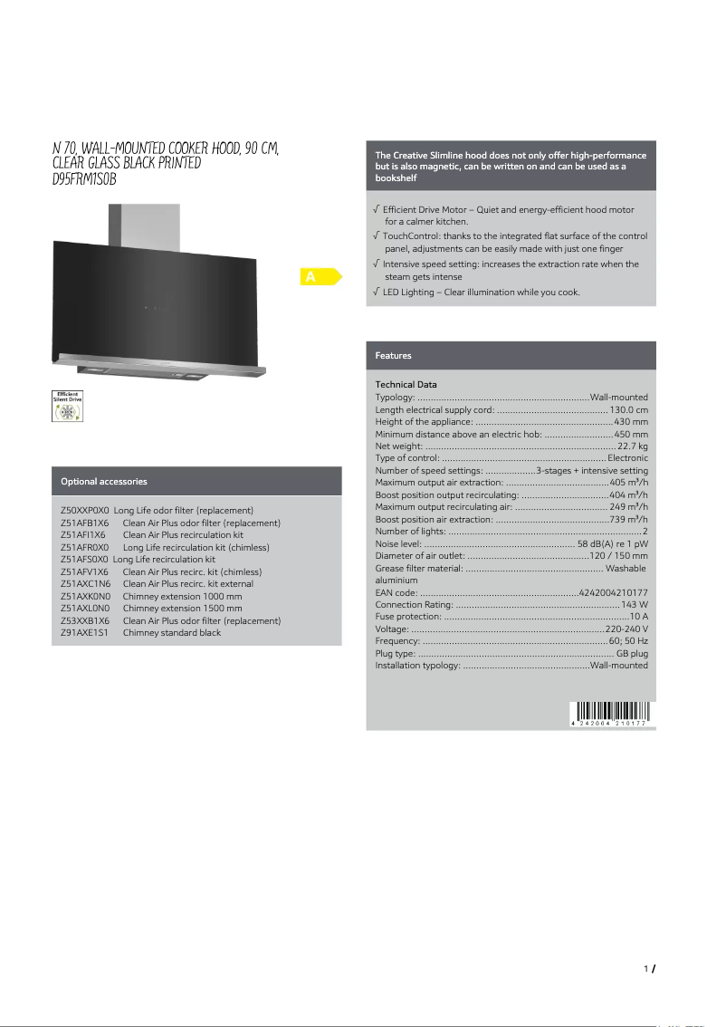 Page 1 de la notice Fiche technique Neff D95FRM1S0B