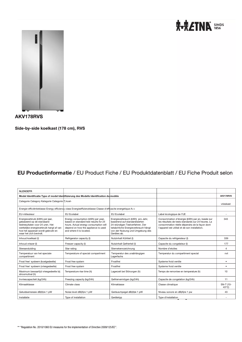 Página 1 del manual Ficha técnica Etna AKV178RVS
