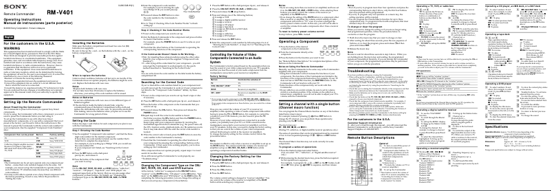 Page 1 de la notice Manuel utilisateur Sony RM-V401