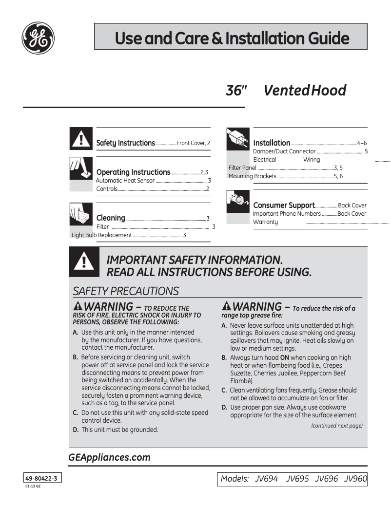 Page 1 de la notice Mode d'emploi GE JV694SBB