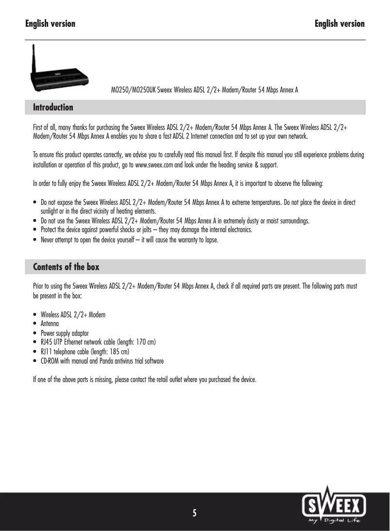 Page 1 de la notice Manuel utilisateur Sweex MO250UK