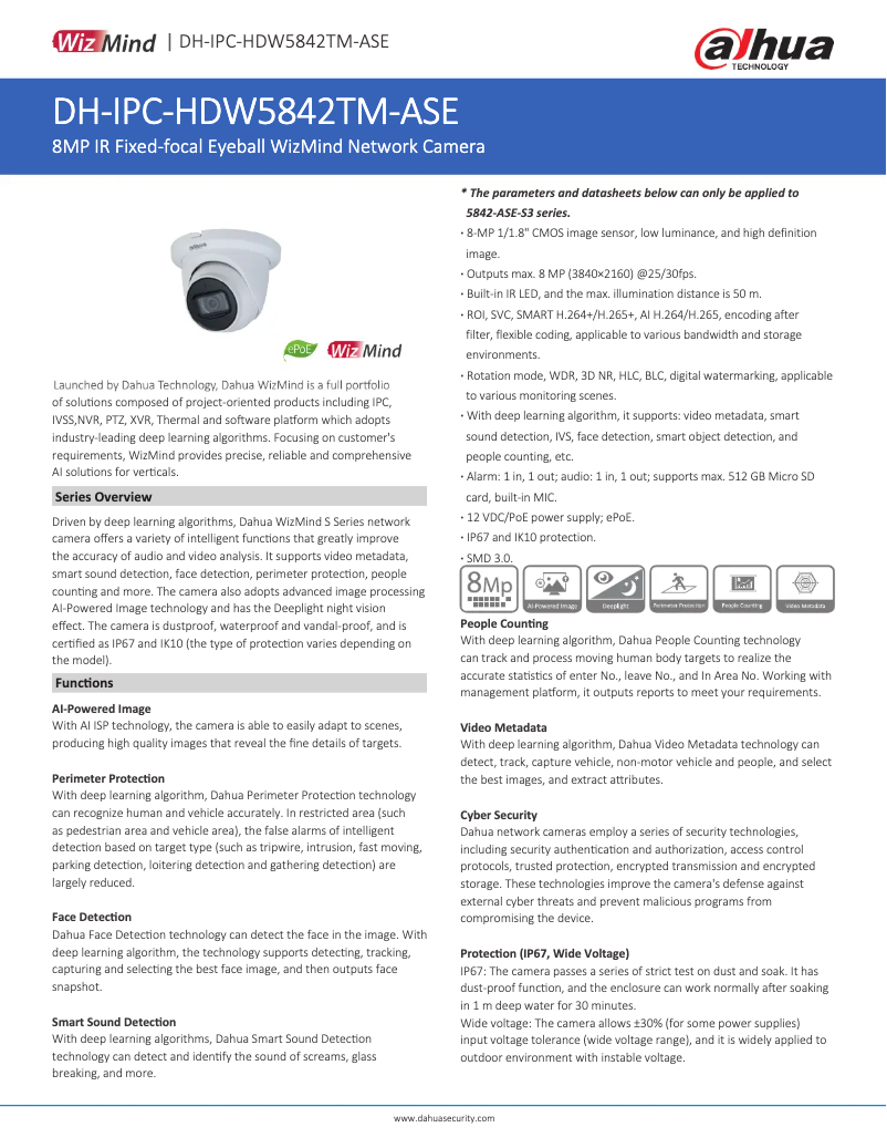 Page 1 de la notice Fiche technique Dahua Technology IPC-HDW5842TM-ASE