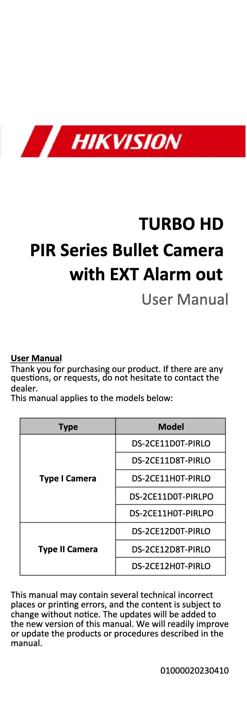 Page 1 de la notice Manuel utilisateur Hikvision DS-2CE11D0T-PIRLO