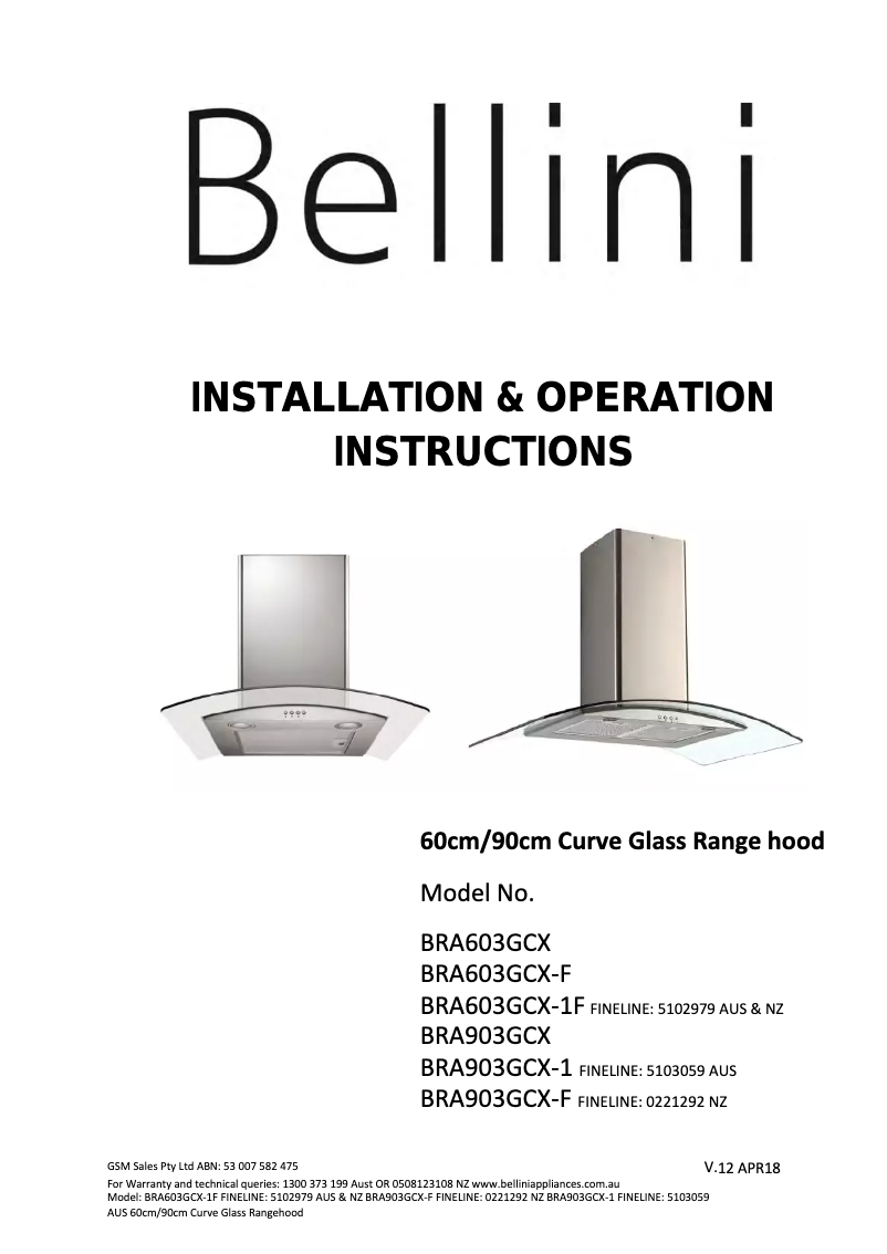 Page 1 de la notice Manuel utilisateur Bellini BRA903GCX
