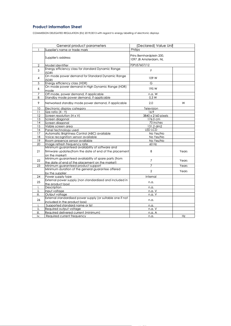 Page n°1 - Fiche technique Philips 70PUS7607