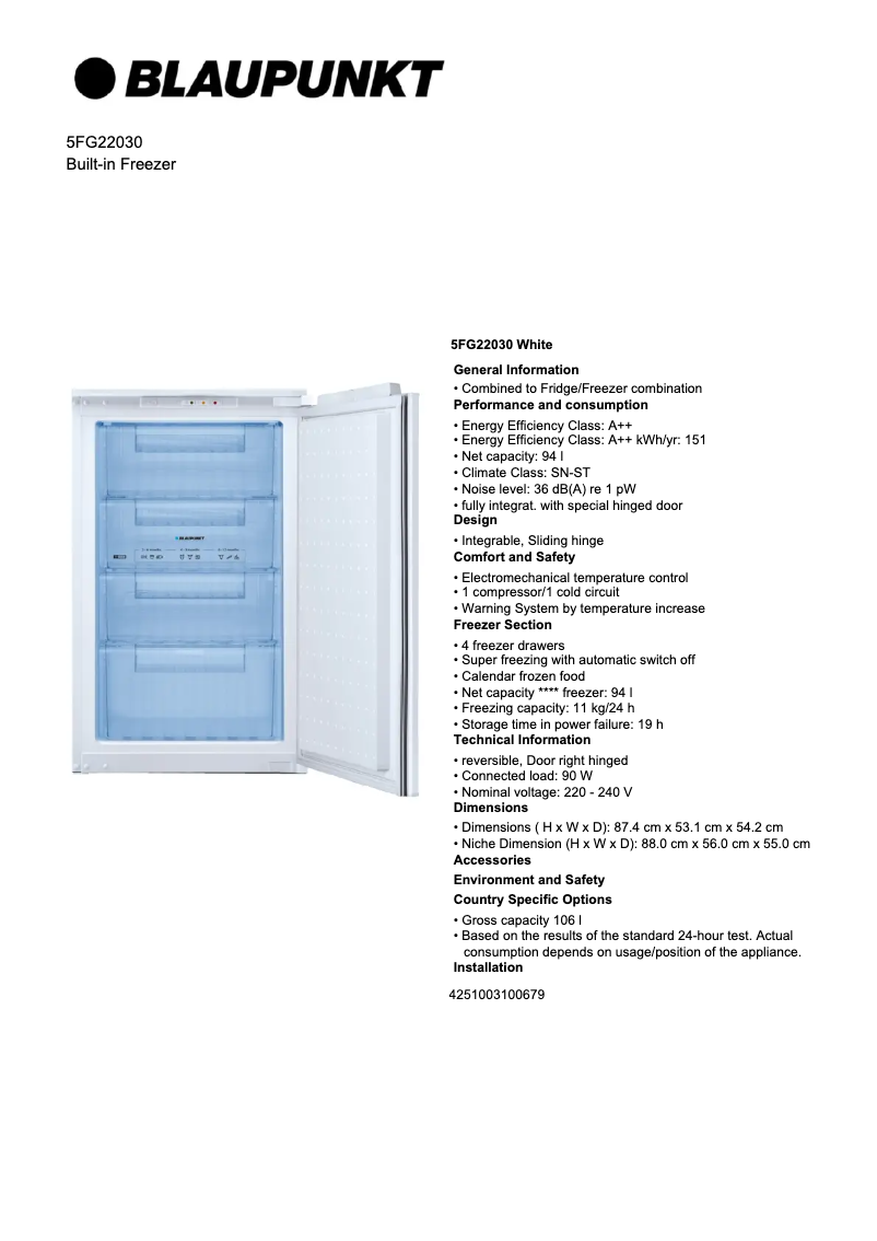 Página 1 del manual Ficha técnica Blaupunkt 5FG 22030