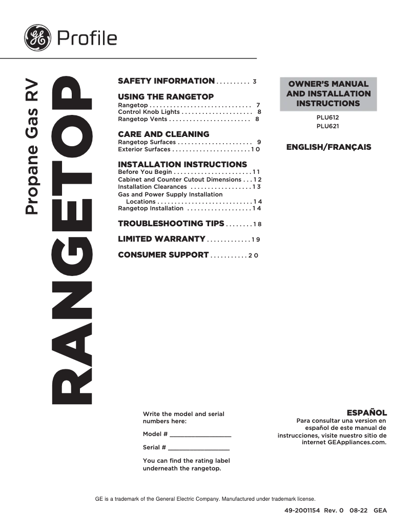 Página 1 del manual Guía de instalación GE Profile PLU612RTSS