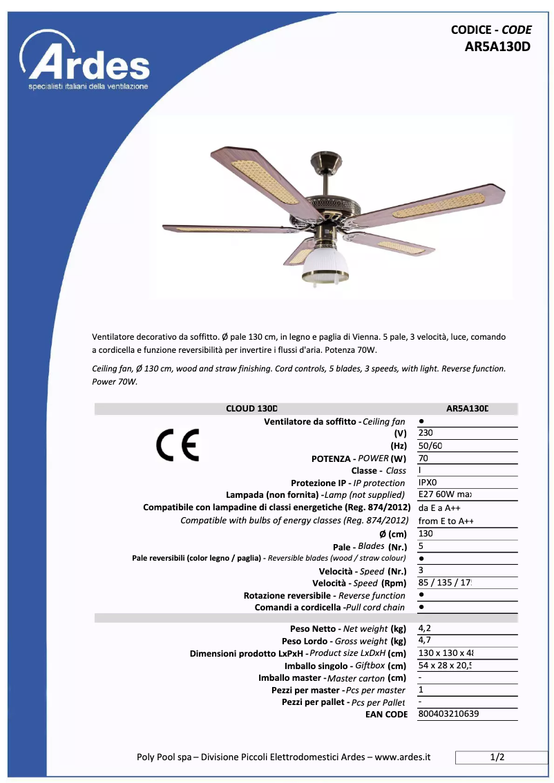 Page 1 de la notice Fiche technique Ardes AR5A130D