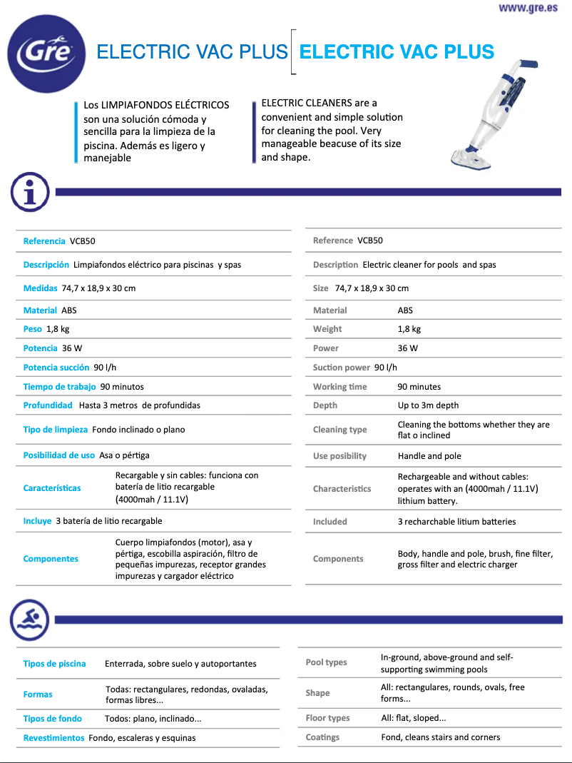 Page 1 de la notice Fiche technique Gre VCB50