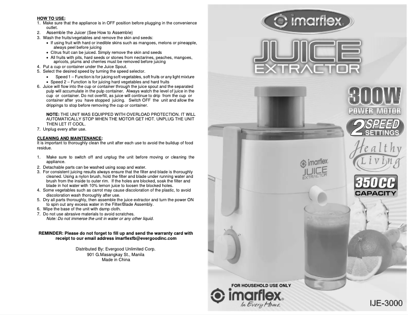 Page 1 de la notice Manuel utilisateur Imarflex IJE-3000