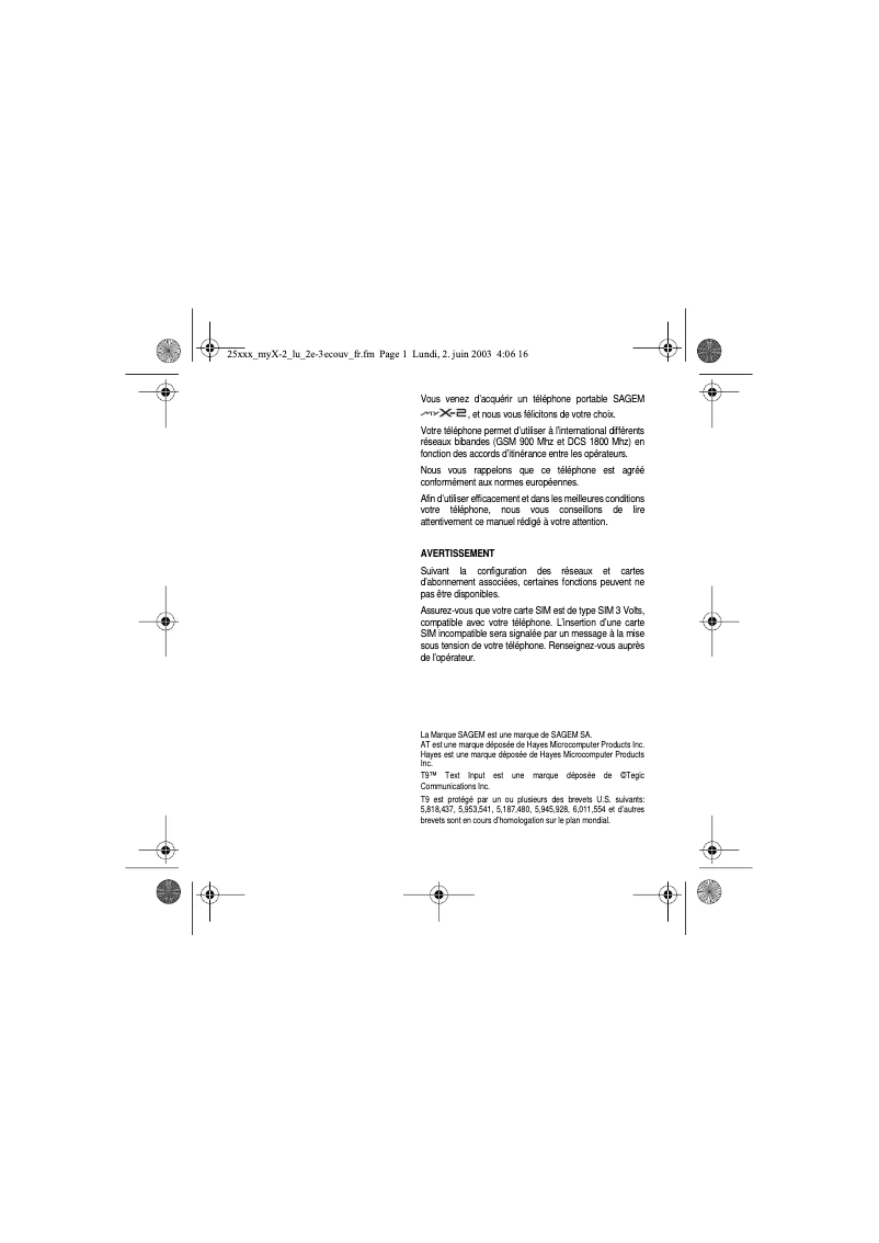 Page 1 de la notice Manuel utilisateur Sagem myX-2