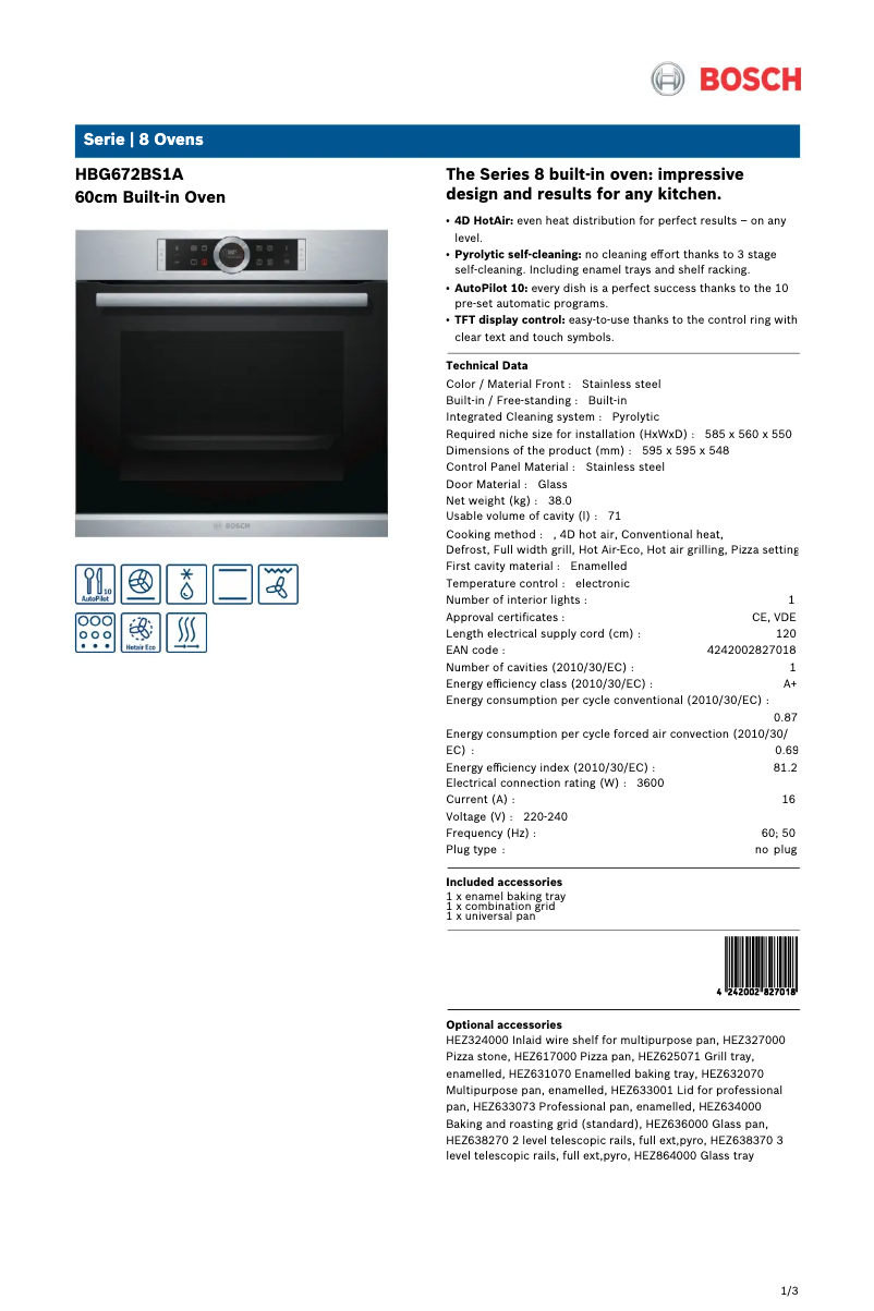 Page 1 of the manual Technical Sheet Bosch HBG672BS1A