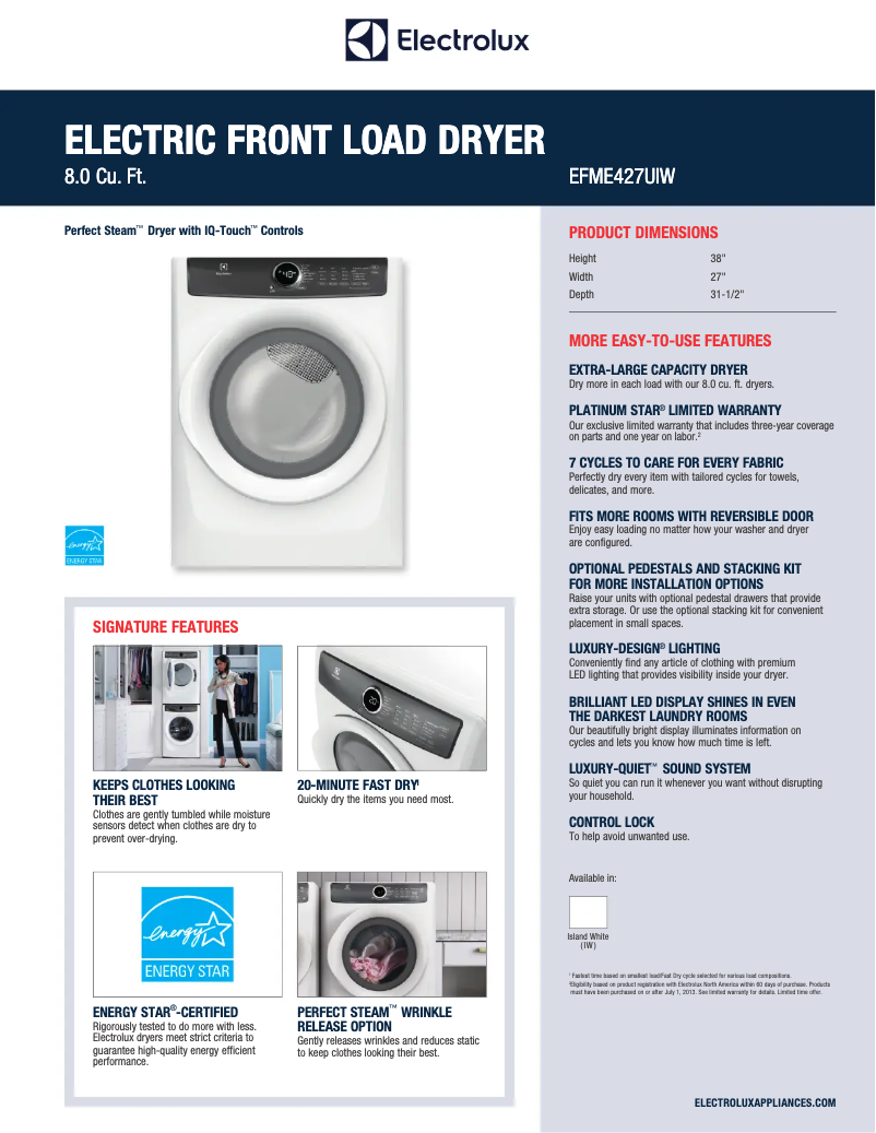 Página 1 del manual Ficha técnica Electrolux EFME427UIW