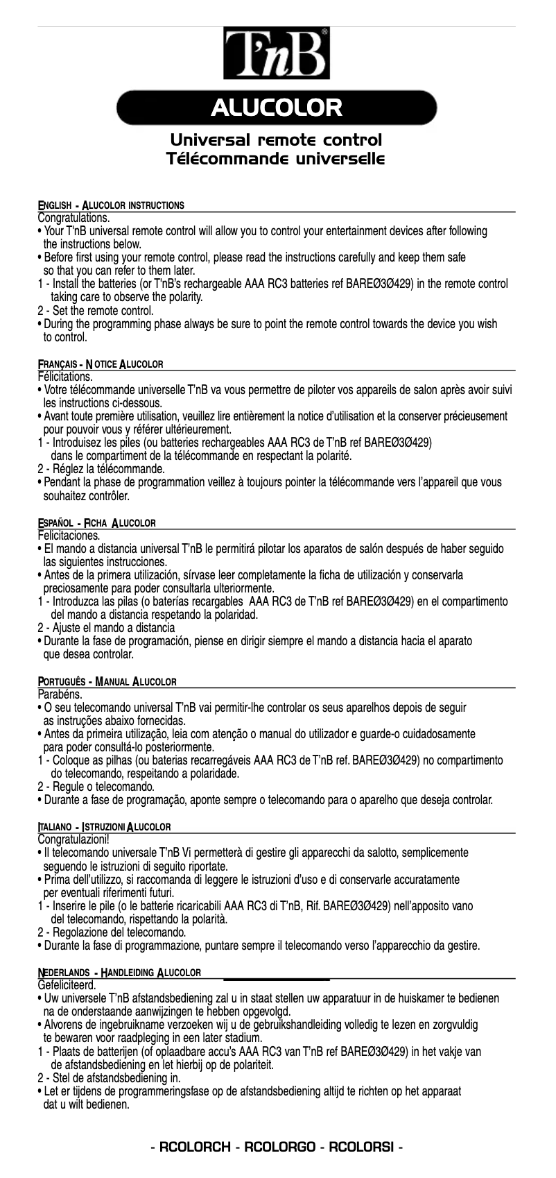 Page 1 of the manual User Manual T'nB ALUCOLOR