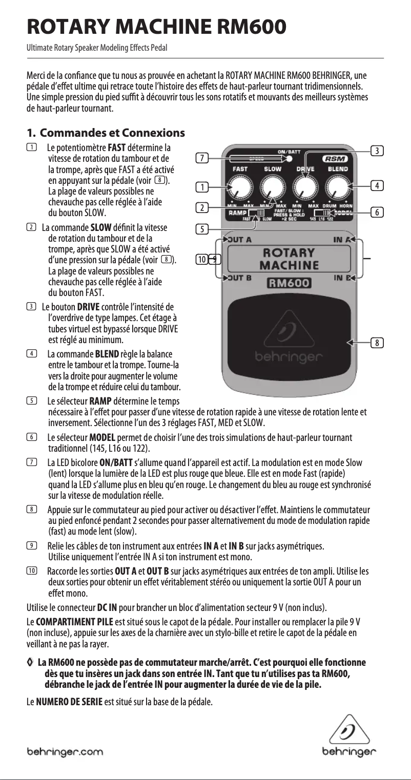 Page 1 de la notice Manuel utilisateur Behringer Rotary Machine RM600