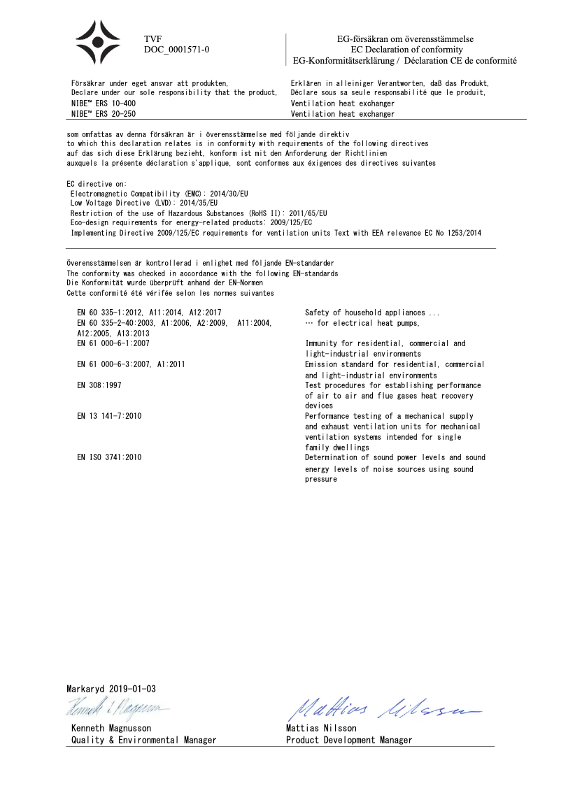 Page 1 de la notice Manuel utilisateur Nibe ERS 20-250