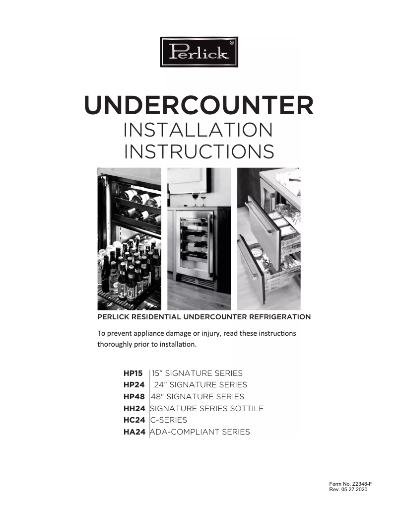 Page 1 de la notice Guide d'installation Perlick Signature Series HP24ZS-3-5