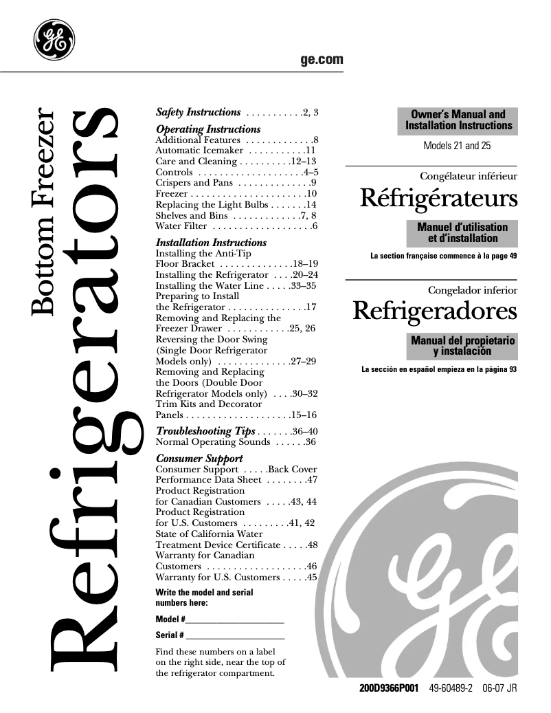 Page 1 de la notice Manuel d'utilisation et d'entretien GE Profile PFCF1NJWCC