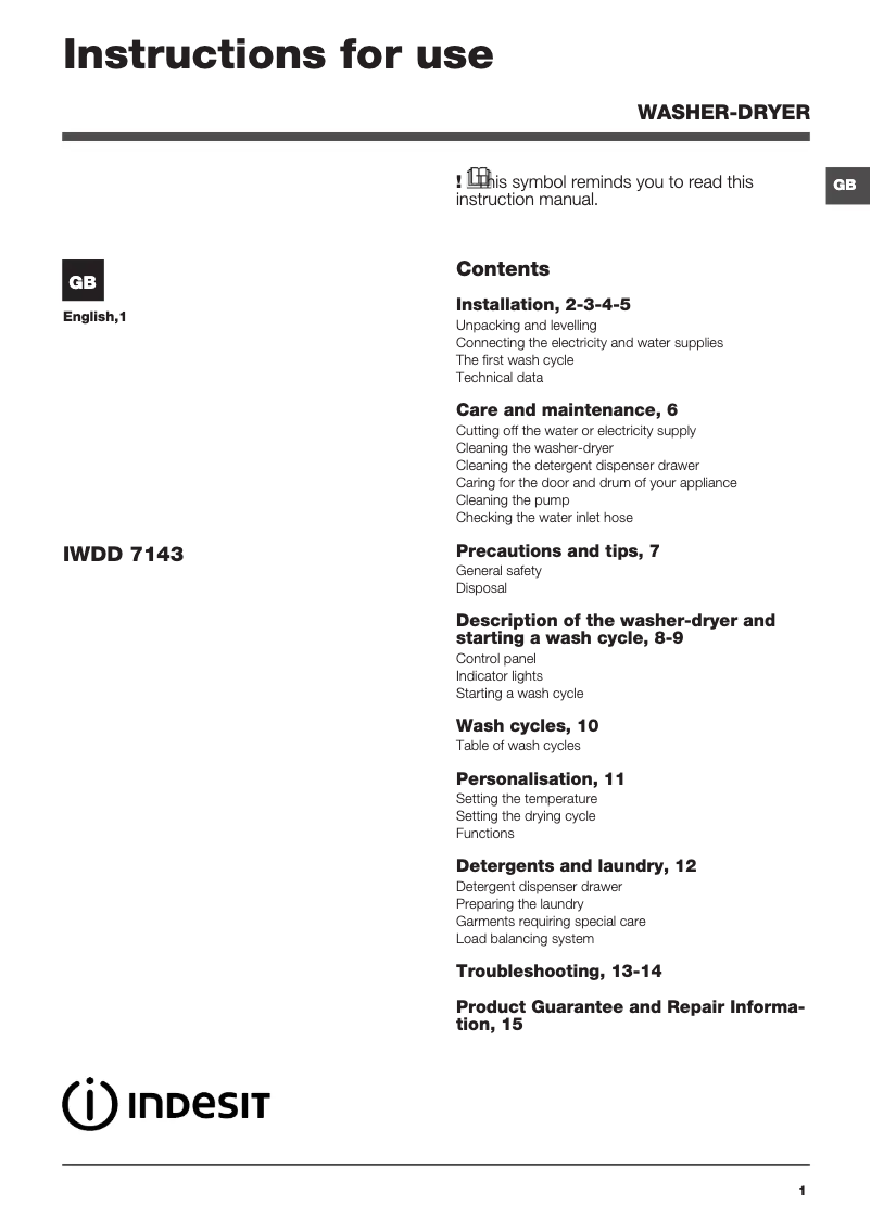 Page n°1 - Instructions / montage Indesit IWDD 7143 (UK)