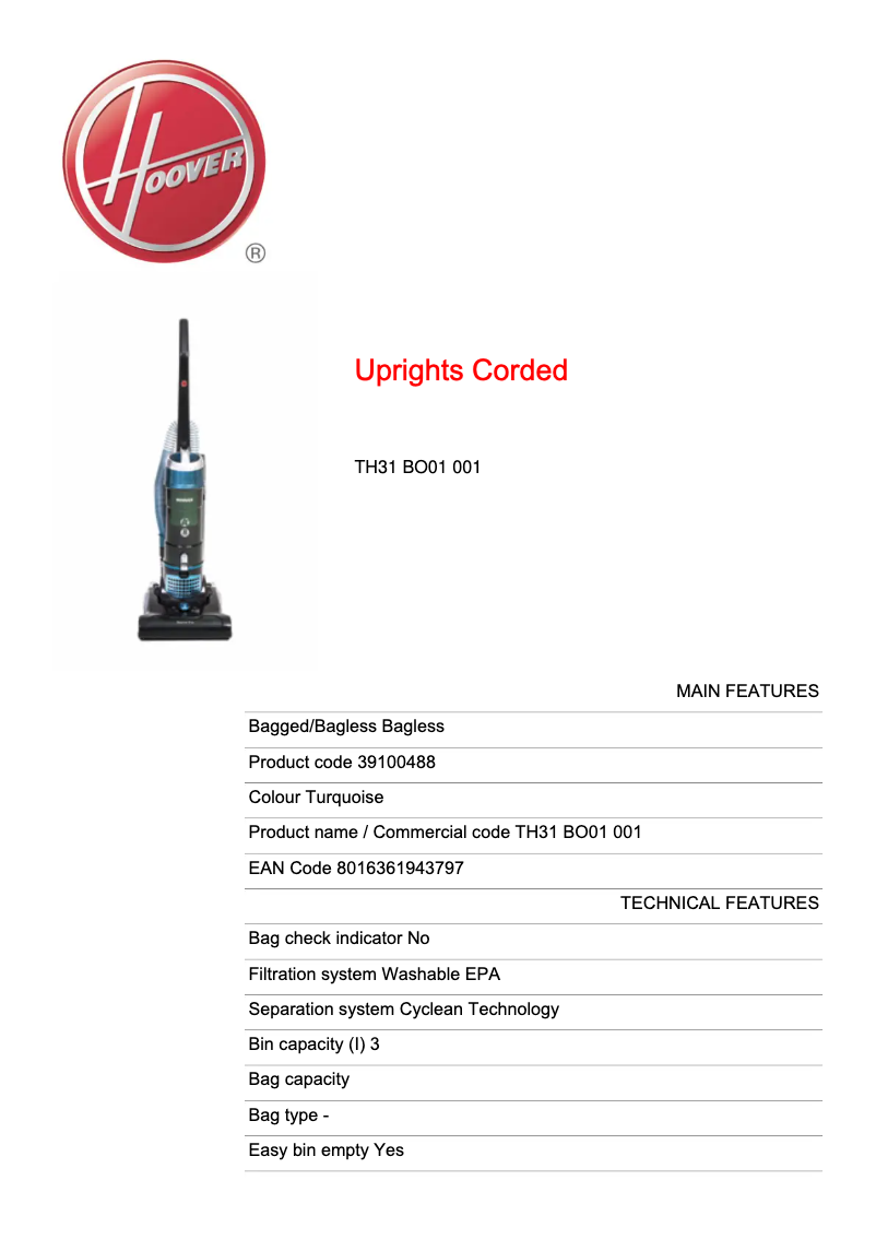 Page 1 de la notice Fiche technique Hoover Breeze Evo TH31 BO01 001