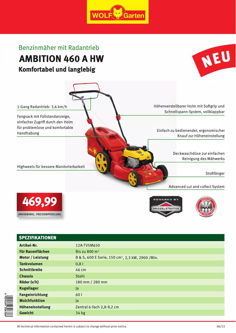 Page 1 de la notice Manuel utilisateur Wolf Garten Ambition 460 A HW