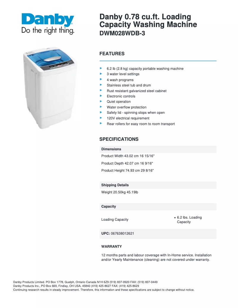 Page 1 de la notice Fiche technique Danby DWM028WDB-3