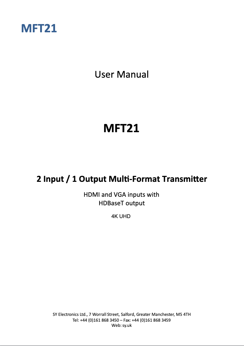Page 1 of the manual User Manual SY Electronics SY-MFT21-SET
