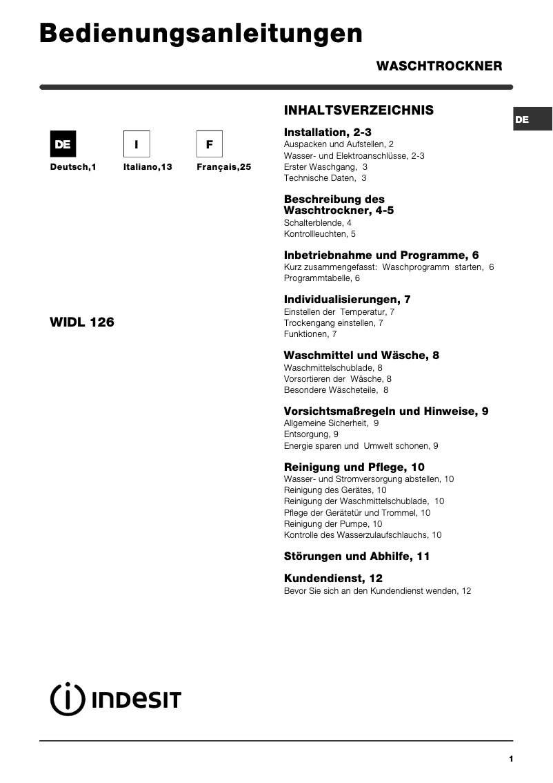 Page 1 de la notice Manuel utilisateur Indesit WIDL 126 (CH)