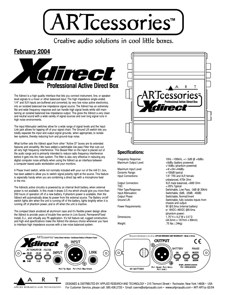 Page 1 de la notice Fiche technique ART Xdirect