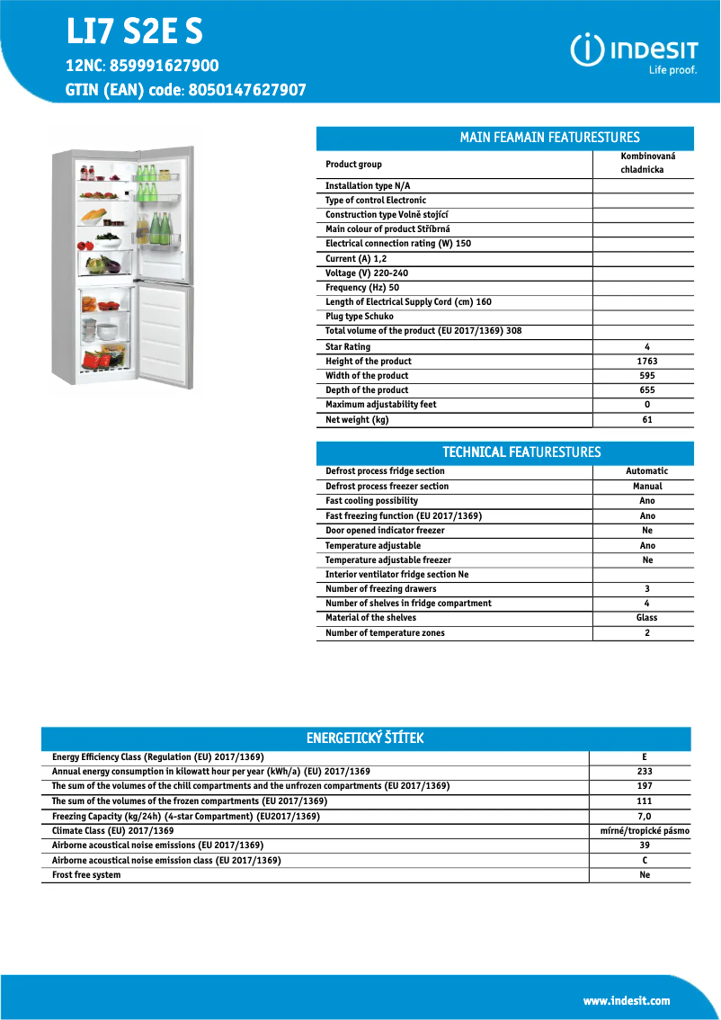 Página 1 del manual Ficha técnica Indesit LI7 S2E S