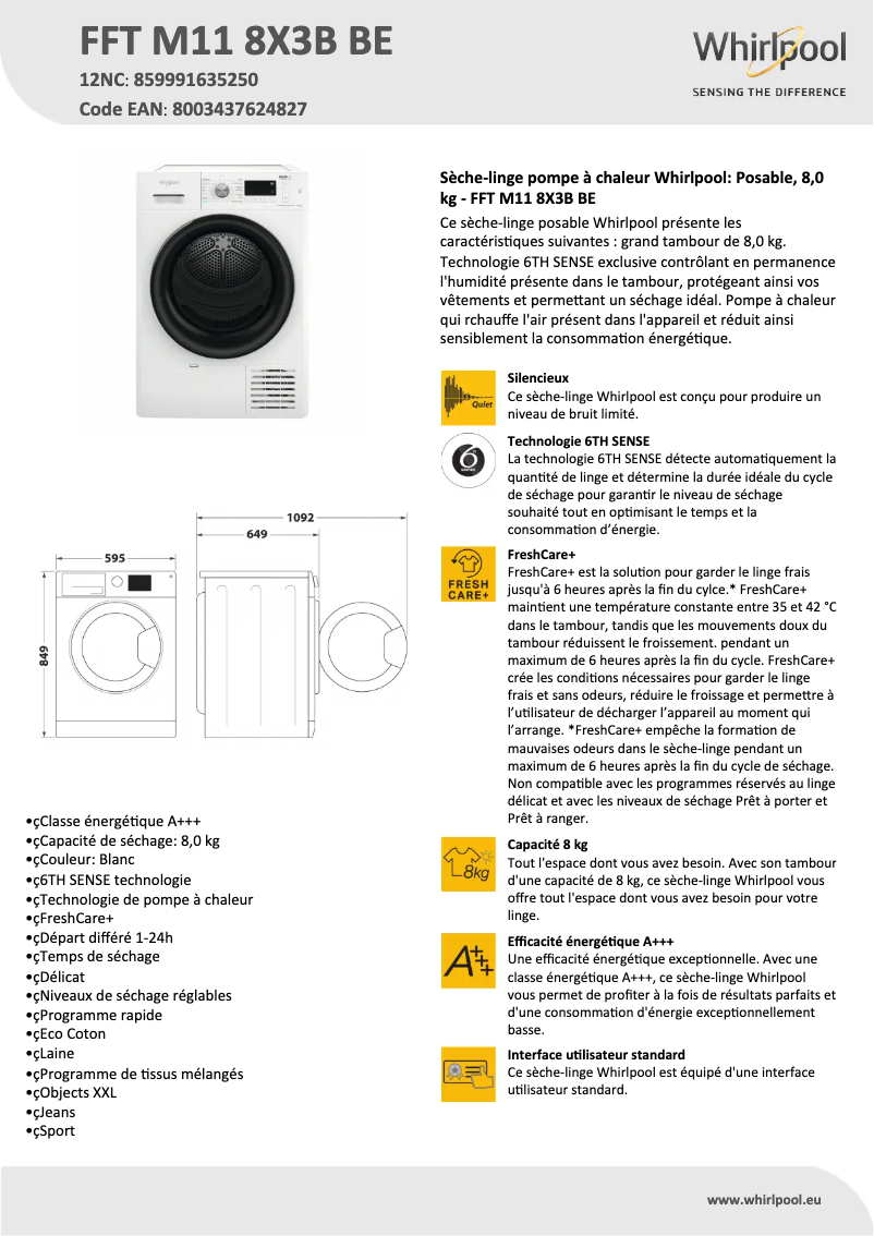 Página 1 del manual Ficha técnica Whirlpool FFT M11 8X3B BE