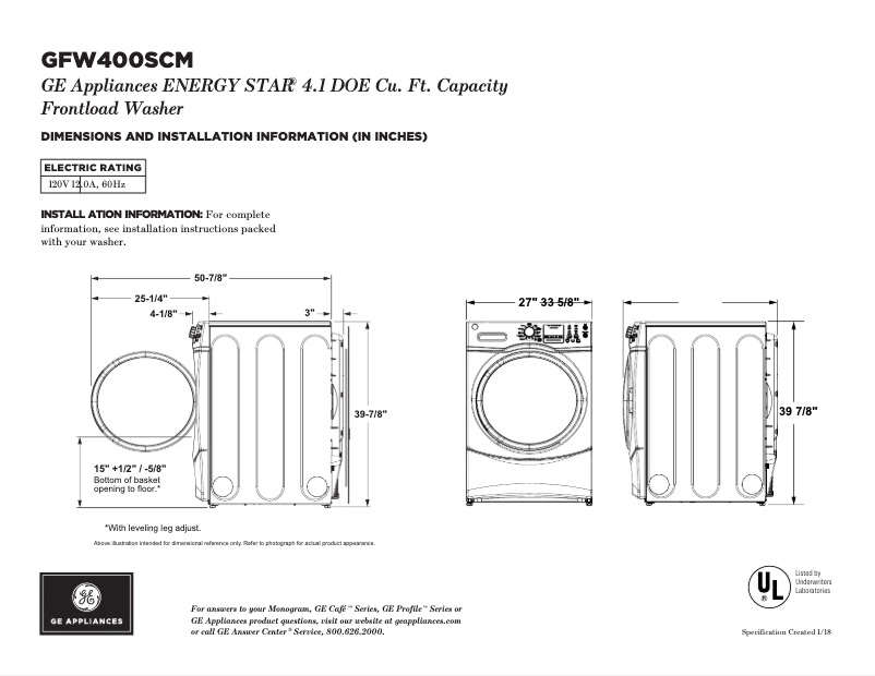 Page 1 de la notice Fiche technique GE GFW400SCMWW