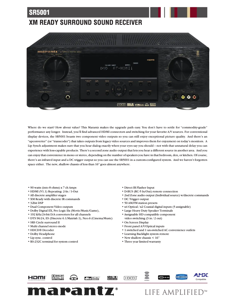 Page 1 de la notice Fiche technique Marantz SR5001