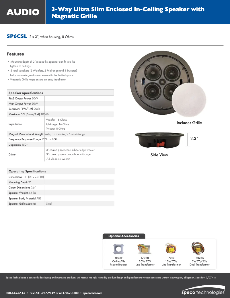 Page 1 de la notice Fiche technique Speco Technologies SP6CSL